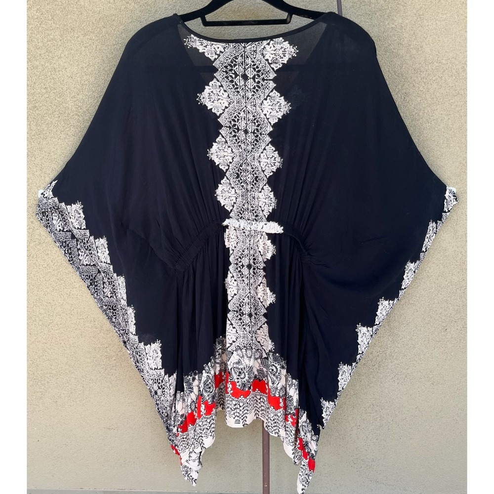 Angie Black Tan Red Print Caftan Cover Up Boho Beach Vacation Resort Wear Medium